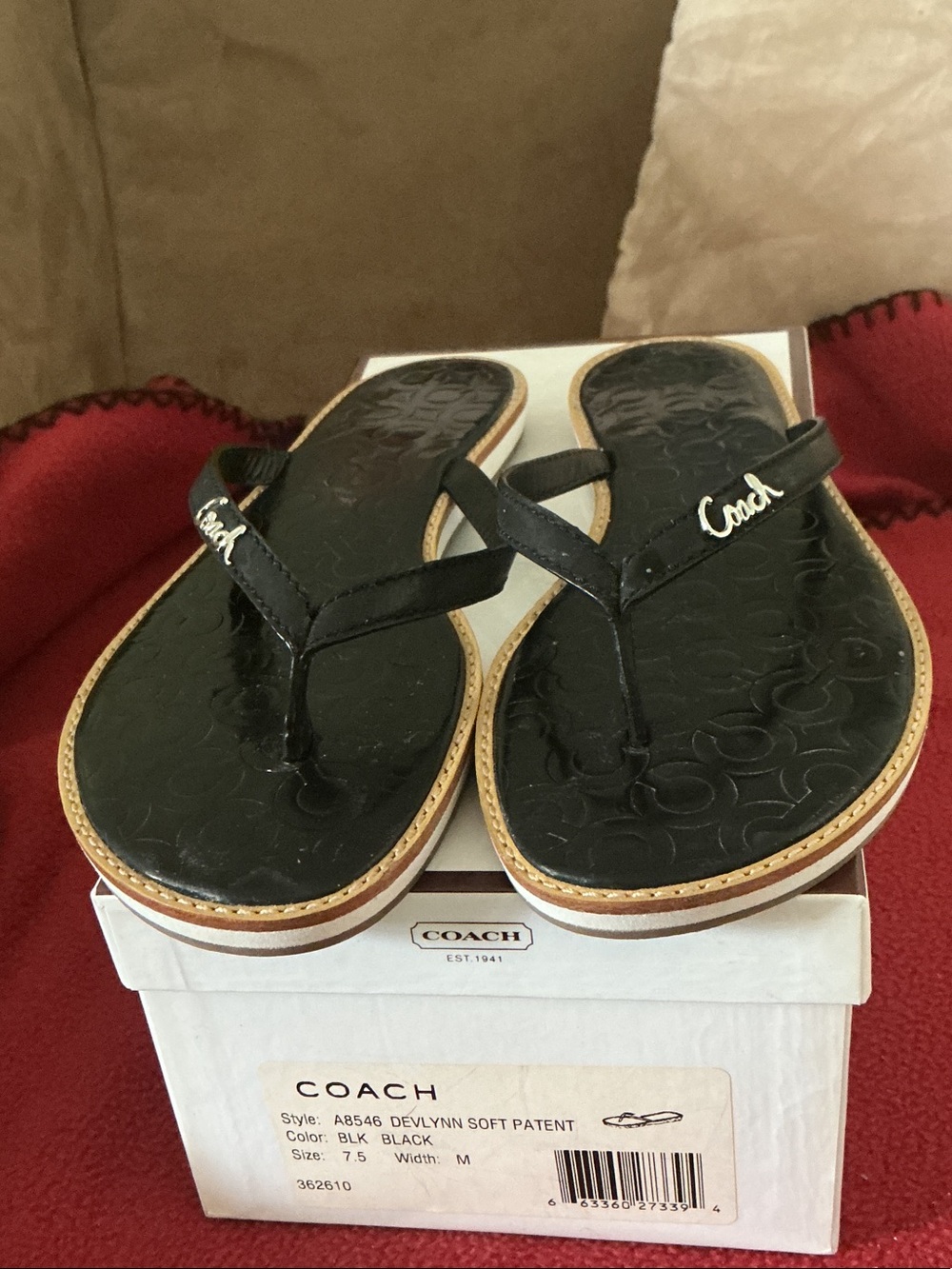 Coach Black Patent Flip Flop Sandals with Script Logo